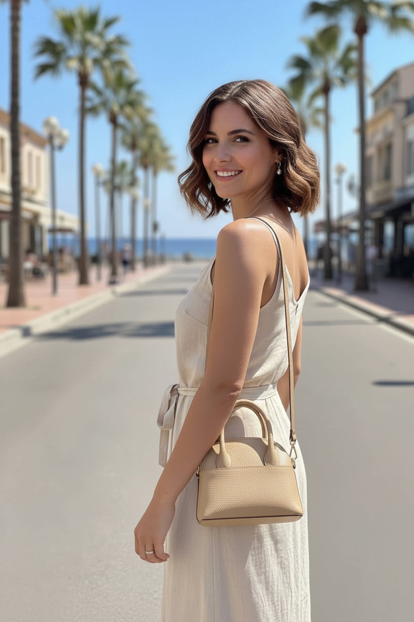 Schultertasche Beige in Echtleder
