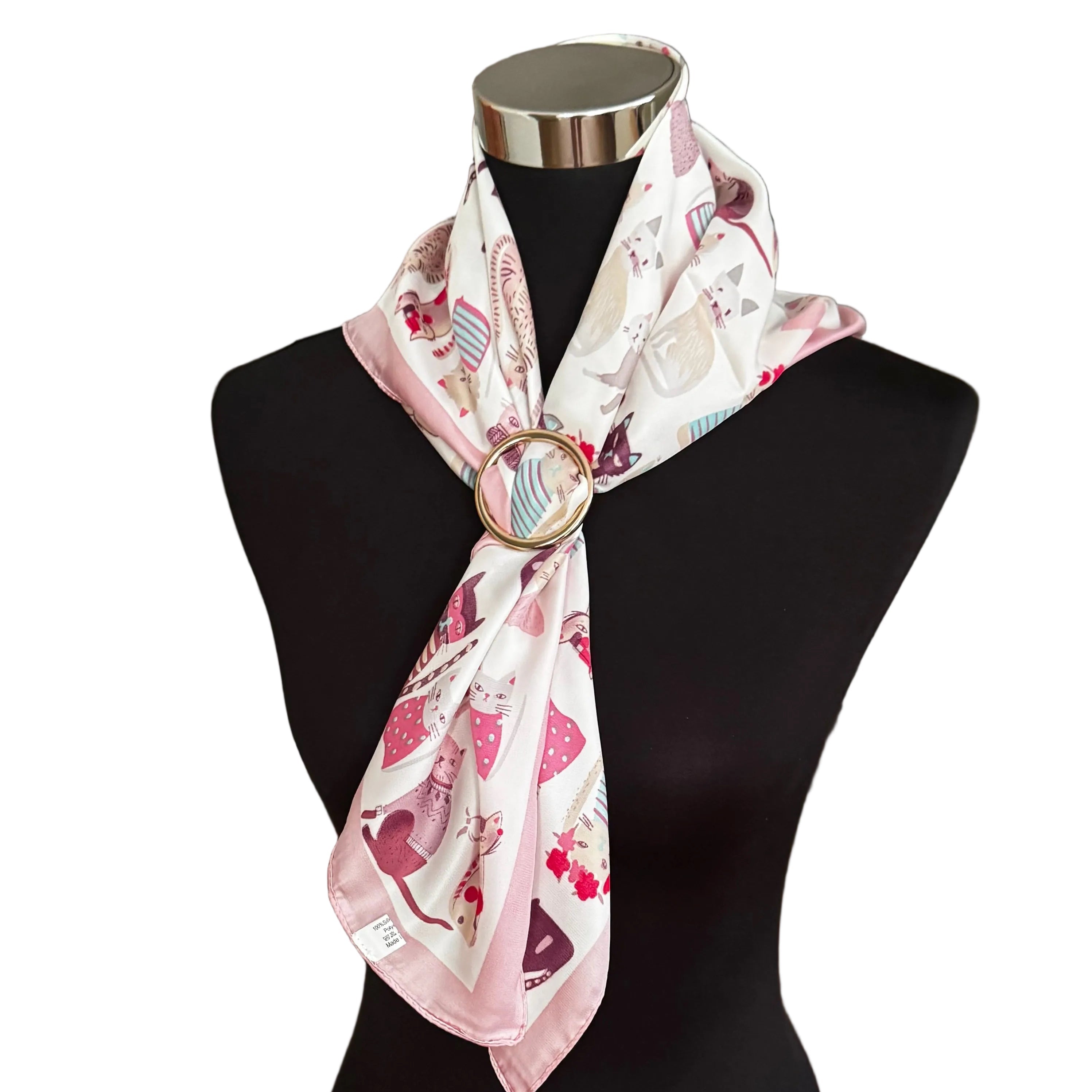 LINETA Foulard Katzenmotiv Rose 70x70 cm – Elegantes Damen Halstuch mit Seidengefühl