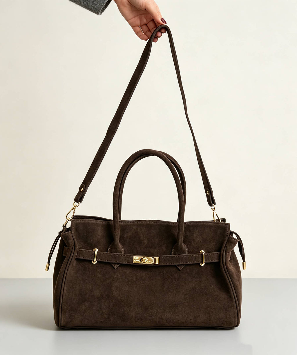 Tote-Tasche aus Wildleder mit goldfarbenen Details – Dunkelbraun