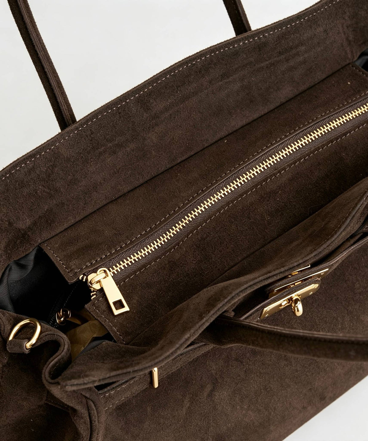 Tote-Tasche aus Wildleder mit goldfarbenen Details – Dunkelbraun