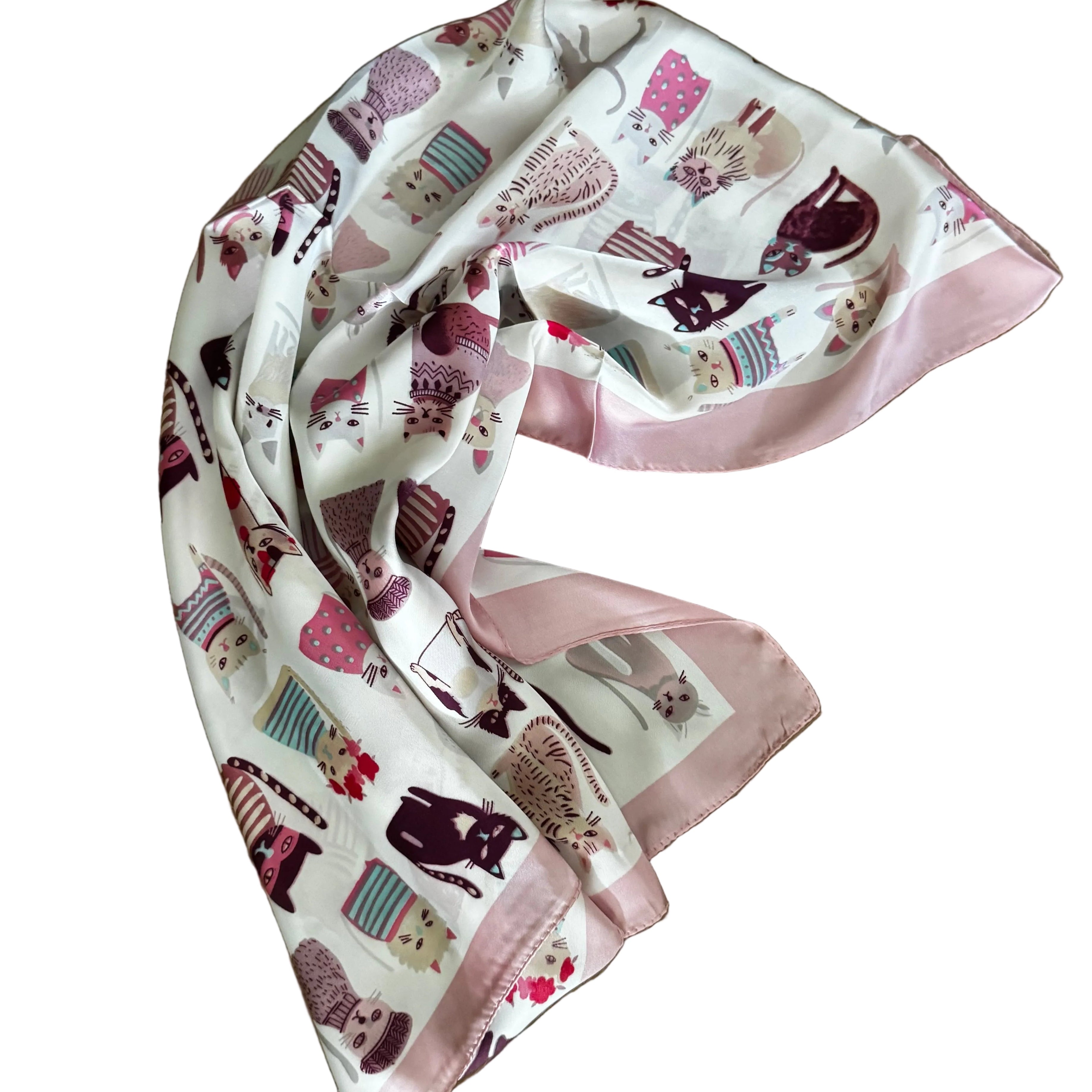 LINETA Foulard Katzenmotiv Rose 70x70 cm – Elegantes Damen Halstuch mit Seidengefühl