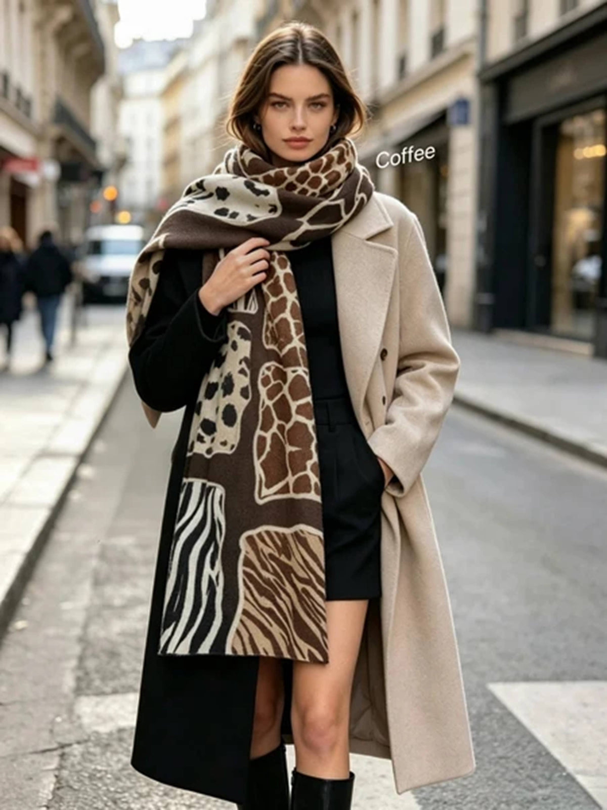 Damen-Patchwork-Schal mit Animal-Print – Kaffee