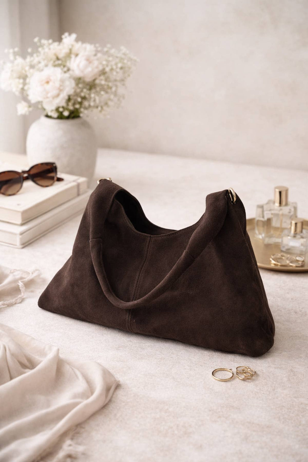 MALORIE Wildleder Tasche Chocolat – Damen Umhängetasche Schokoladenbraun